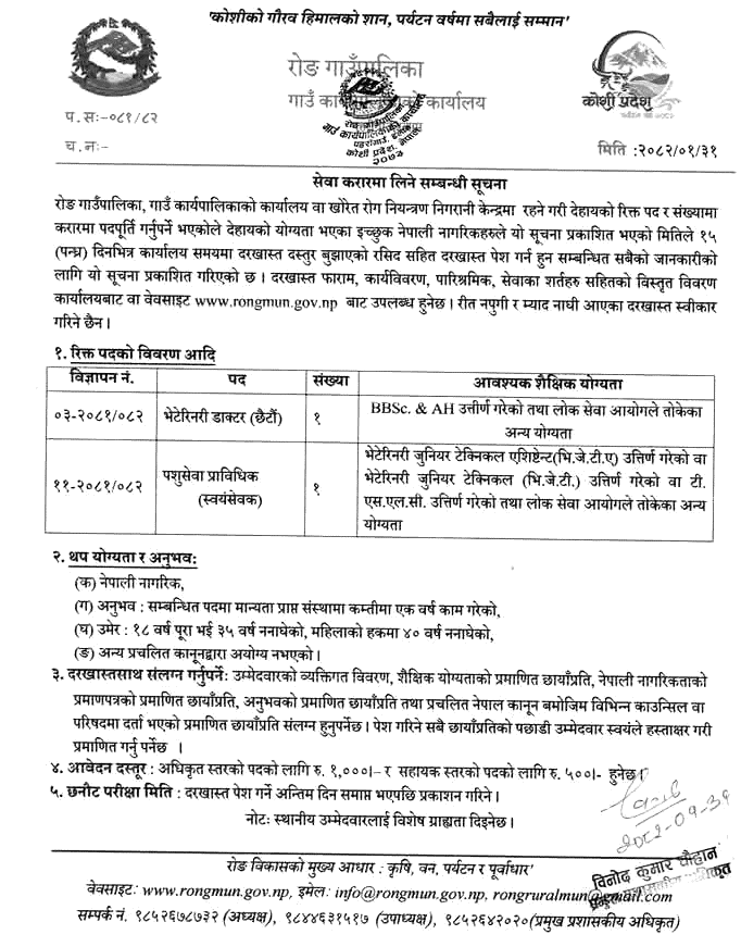 Rong Gaunpalika Veterinary Doctor and Technician Vacancy 