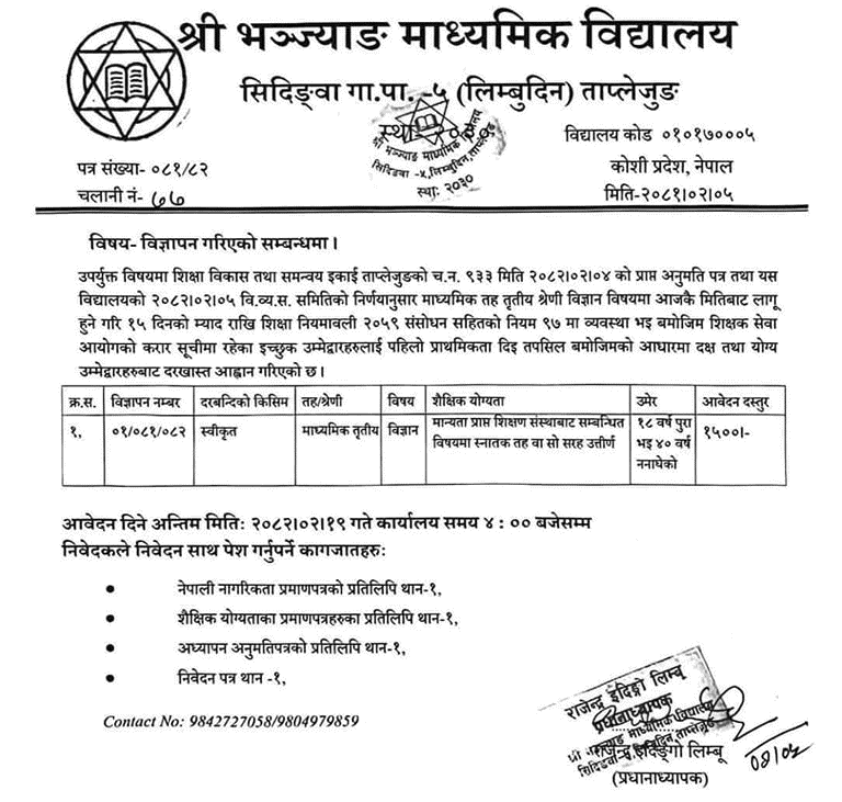 Science Teacher Vacancy at Bhanyjang Secondary School, Taplejung 