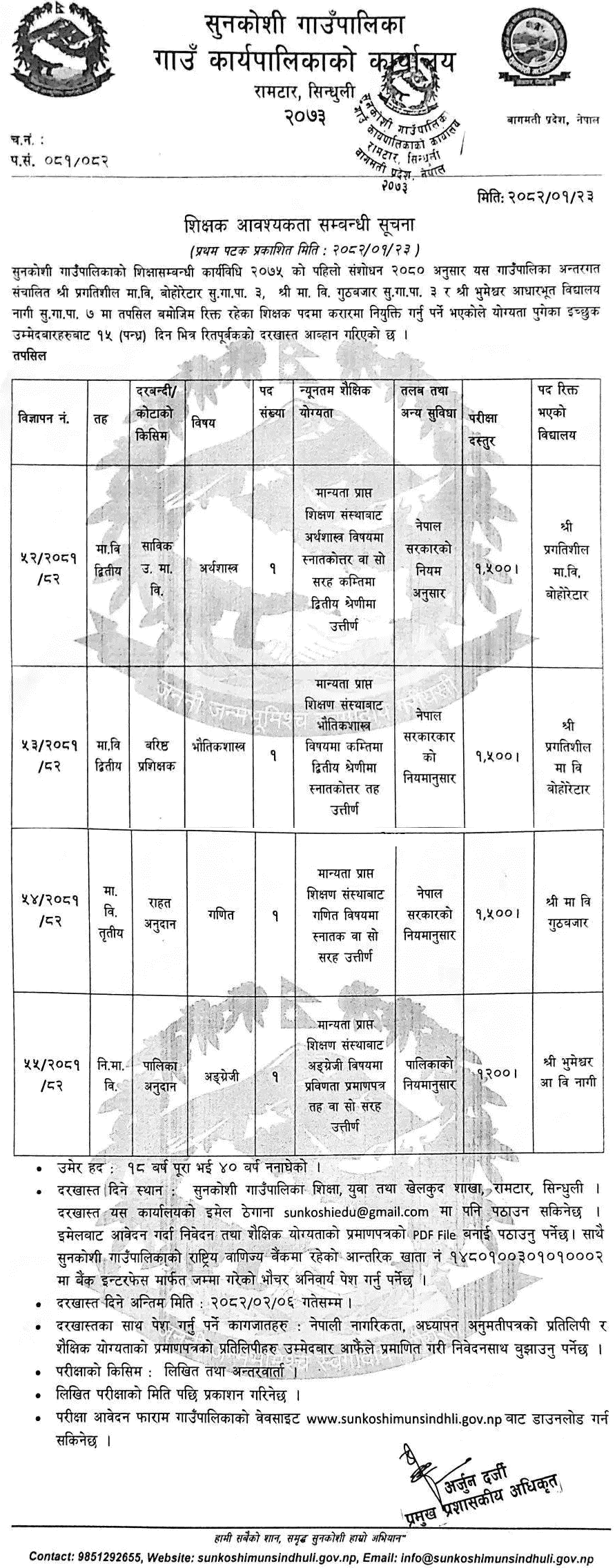 Sunkoshi Rural Municipality Teacher Vacancy Notice 2082 