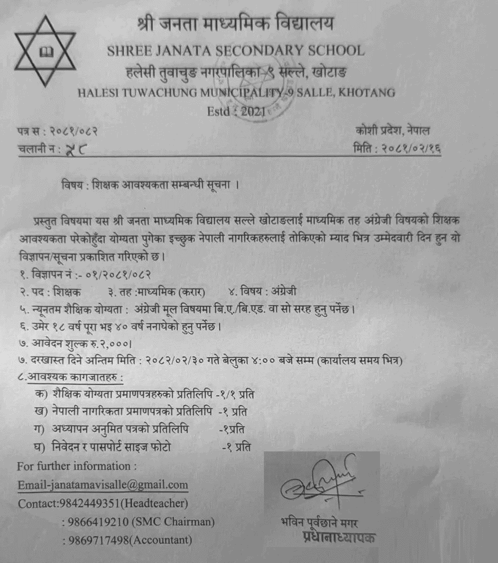 Teacher Vacancy at Janata Secondary School Salle 