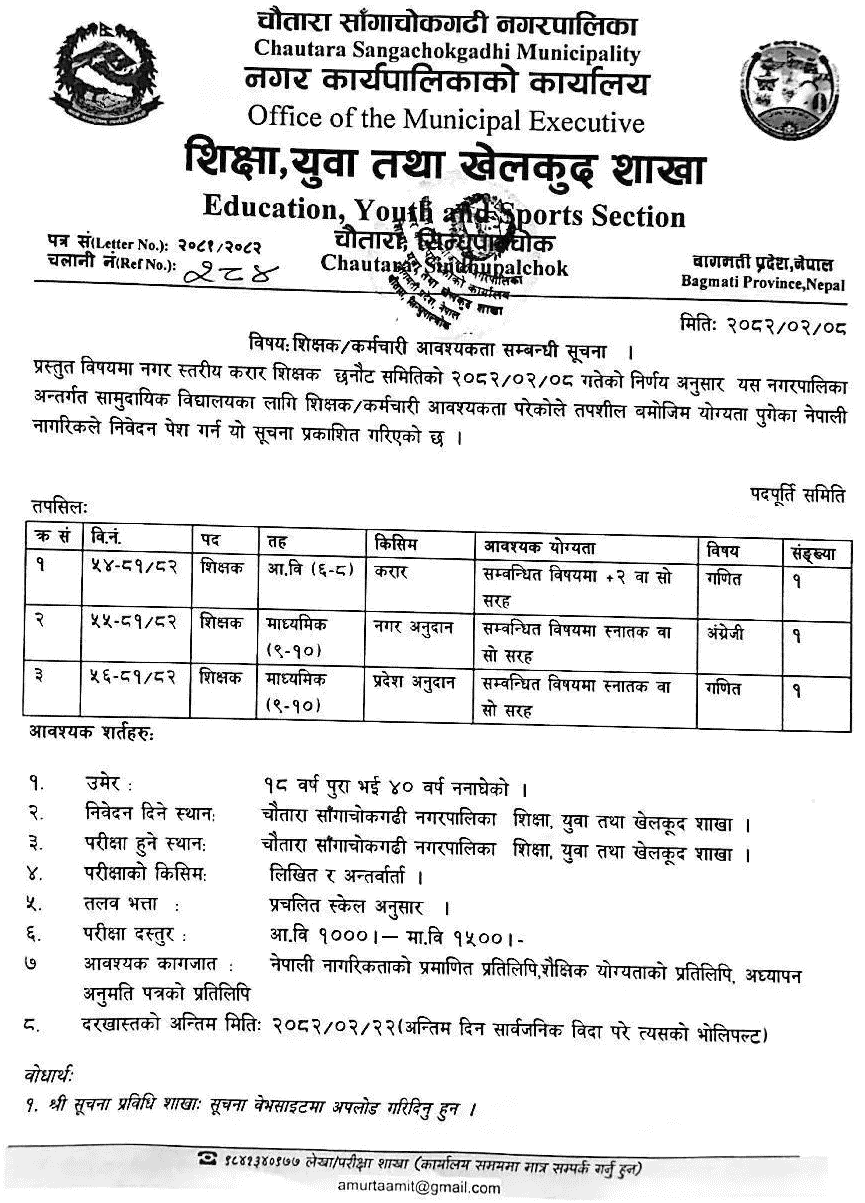 Teacher Vacancy Notice from Chautara Sangachokgadhi Municipality