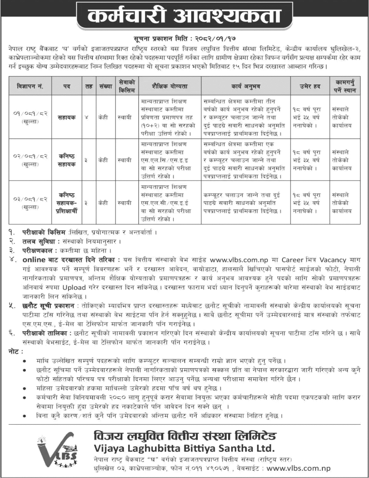 Vijaya Laghubitta Bittiya Sanstha Vacancy Notice 2082 