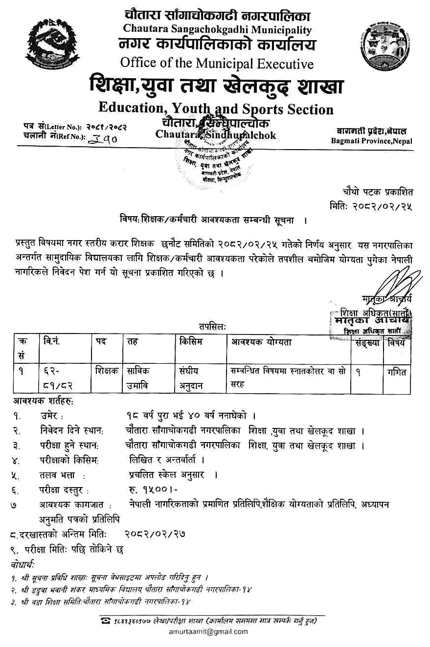 Chautara Sangachokgadhi Municipality Maths Teacher Vacancy 