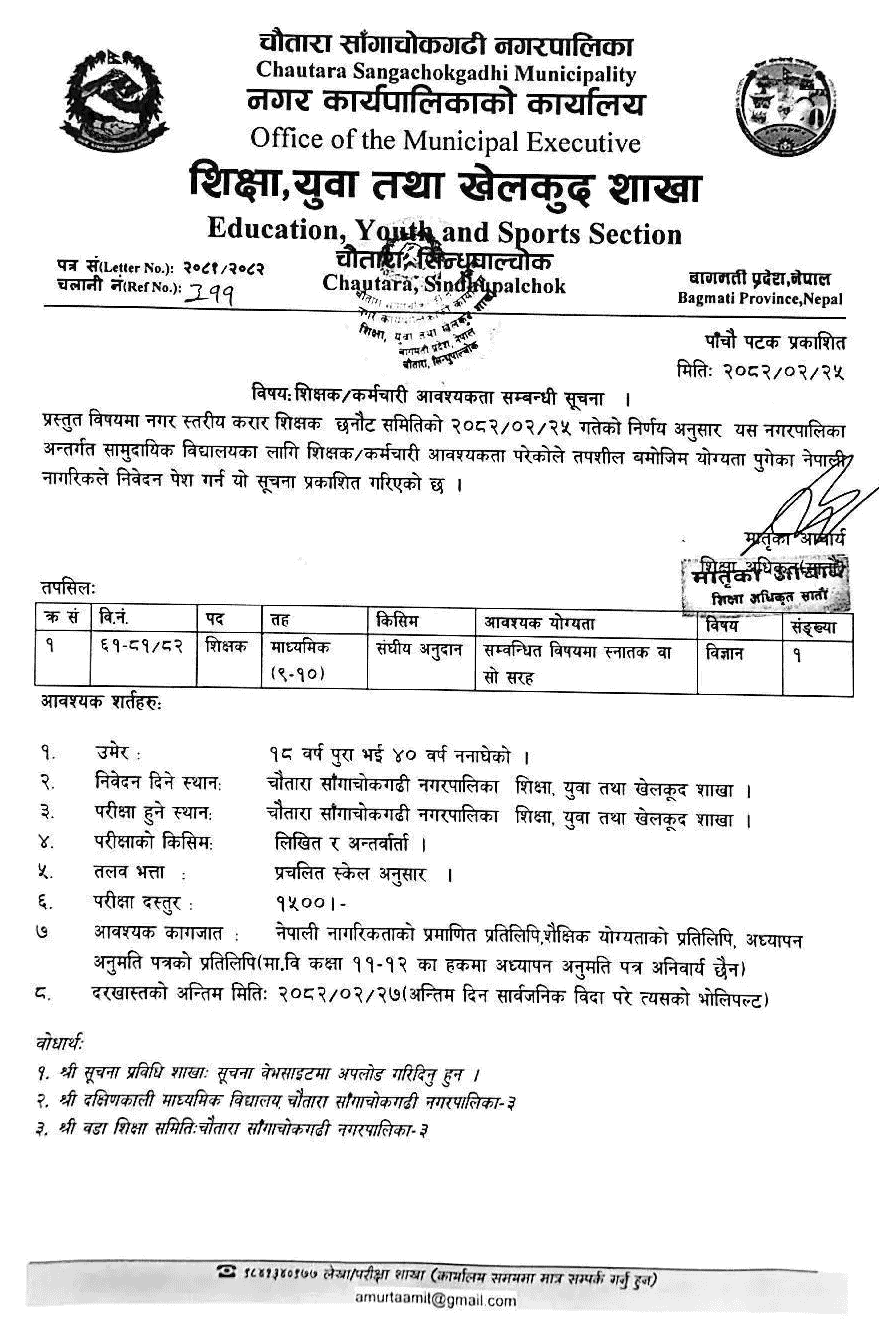Chautara Sangachokgadhi Municipality Science Teacher Vacancy 