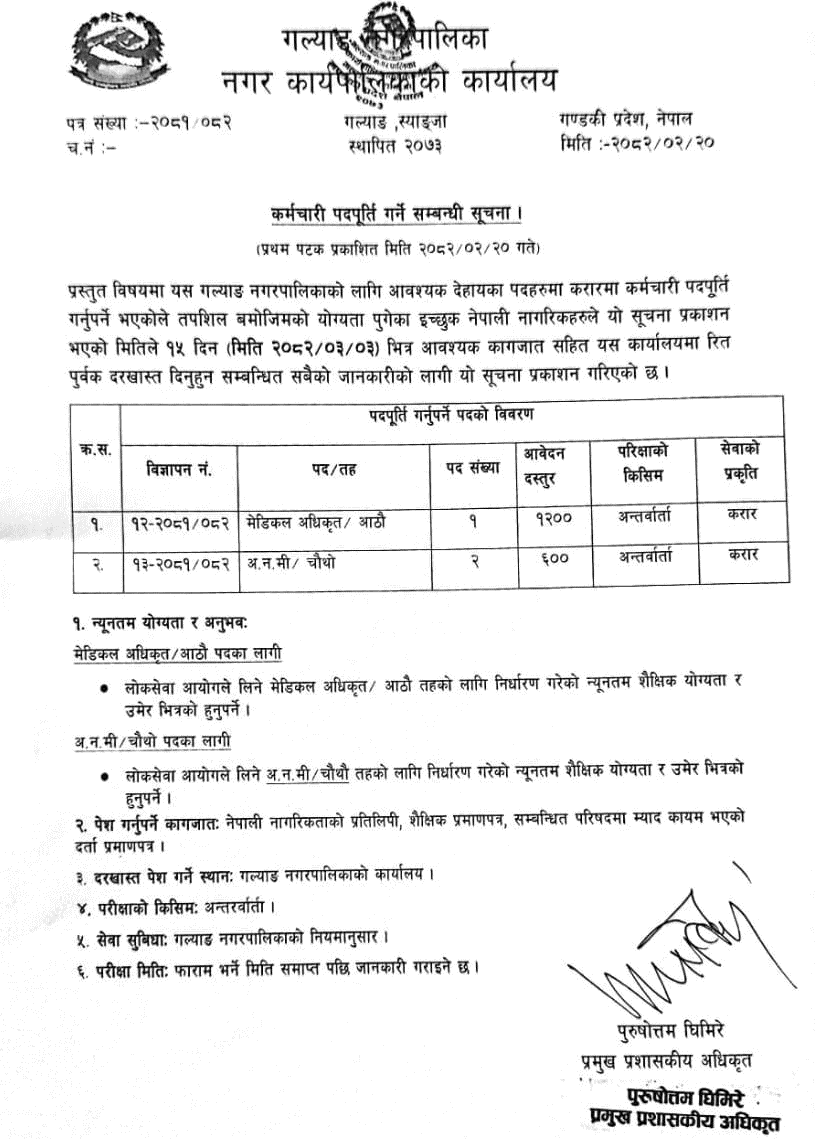 Galyang Municipality Vacancy for ANM and Medical Officer Posts 
