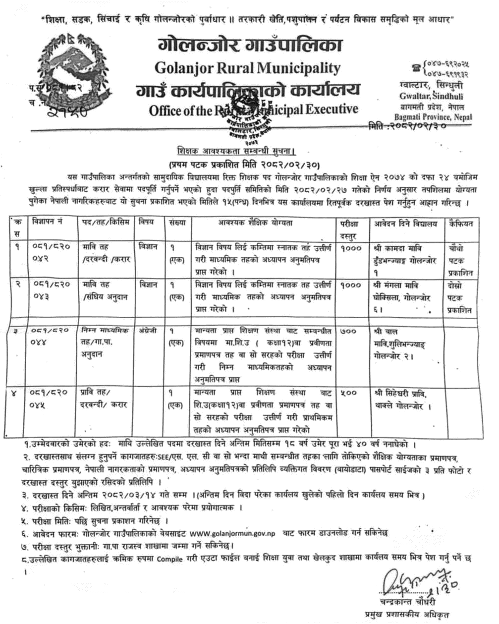 Golanjor Rural Municipality Teacher Vacancy 2082 