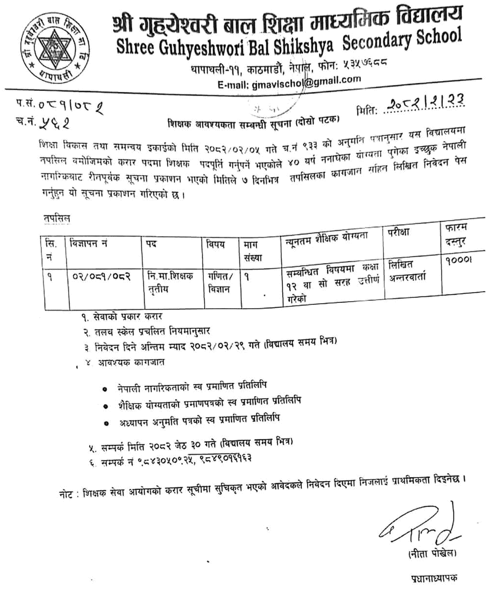 Guhyeshwori Bal Shikshya Secondary School Teacher Vacancy Notice 