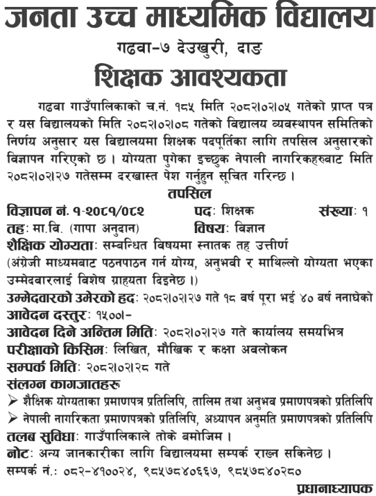 Janata Secondary School Deukhuri Teacher Vacancy Notice 
