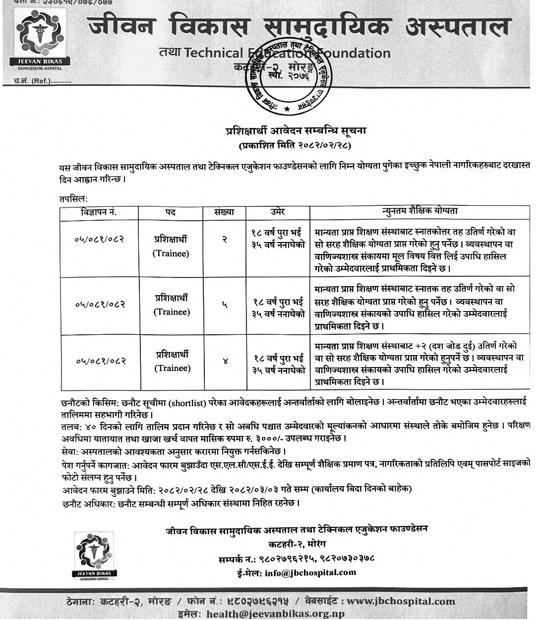 Jeevan Bikas Community Hospital Vacancy for Trainee 