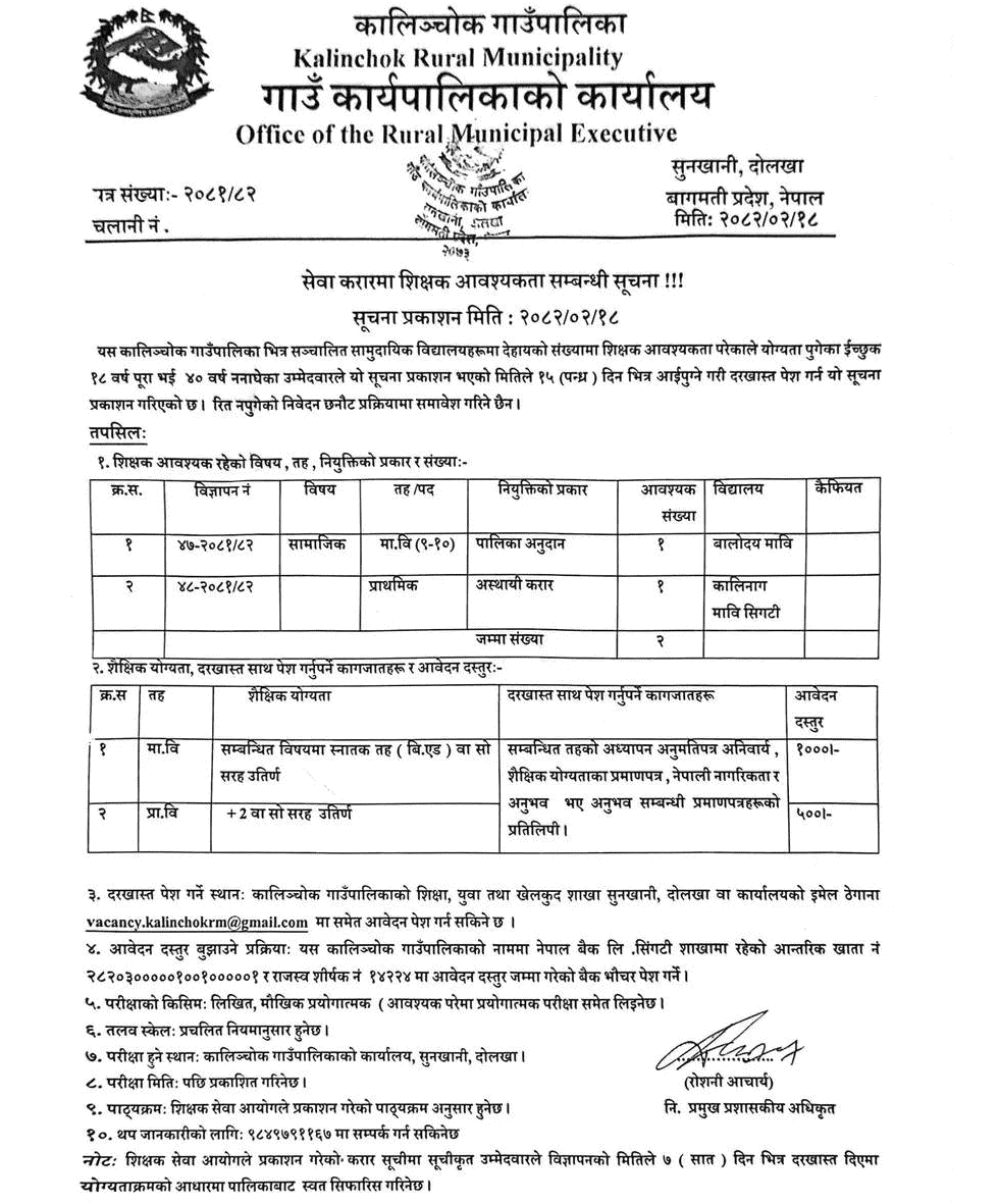 Kalinchok Rural Municipality Teacher Vacancy Notice 2082 