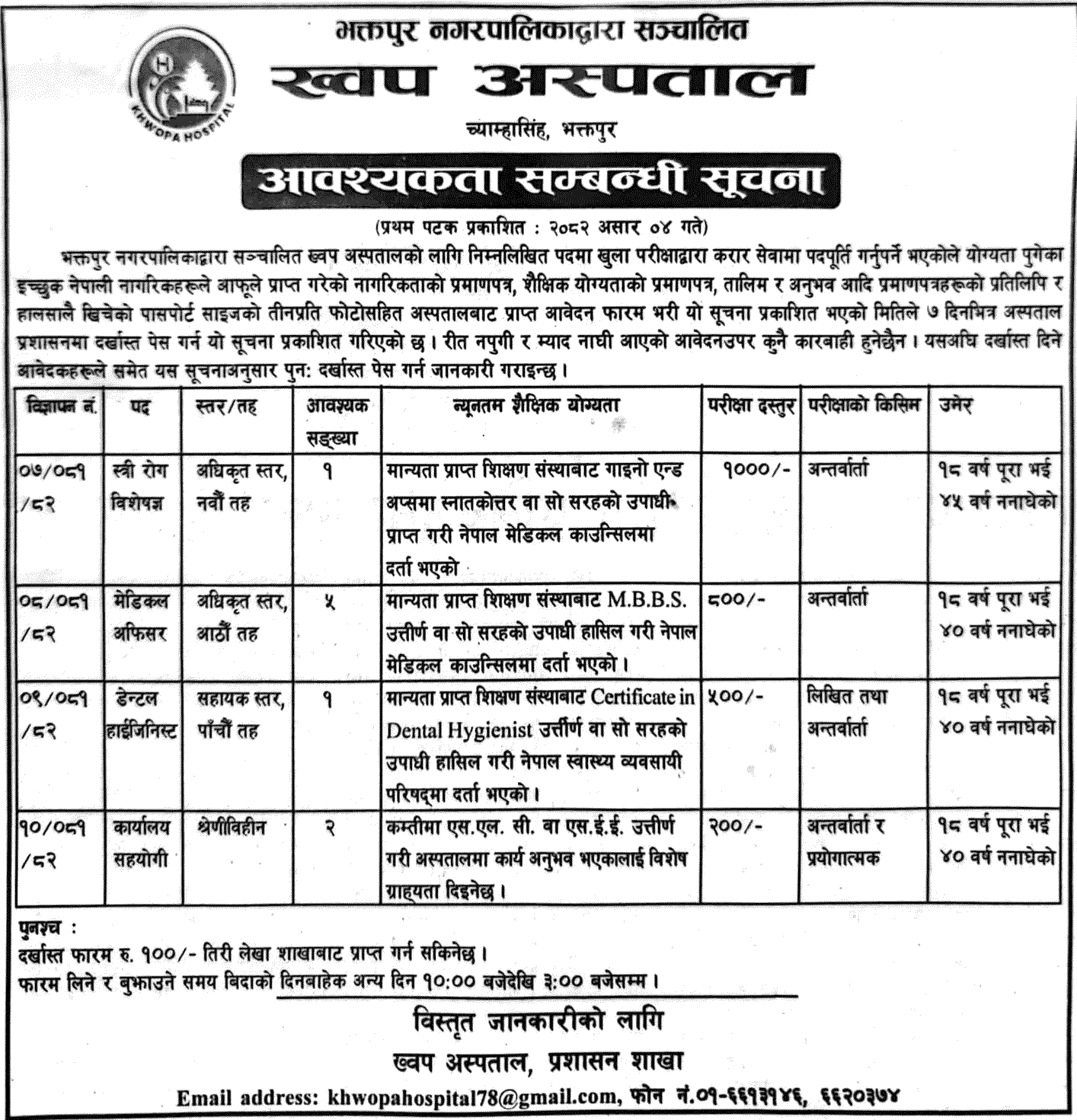 Khwopa Hospital Bhaktapur Vacancy Notice 2082 