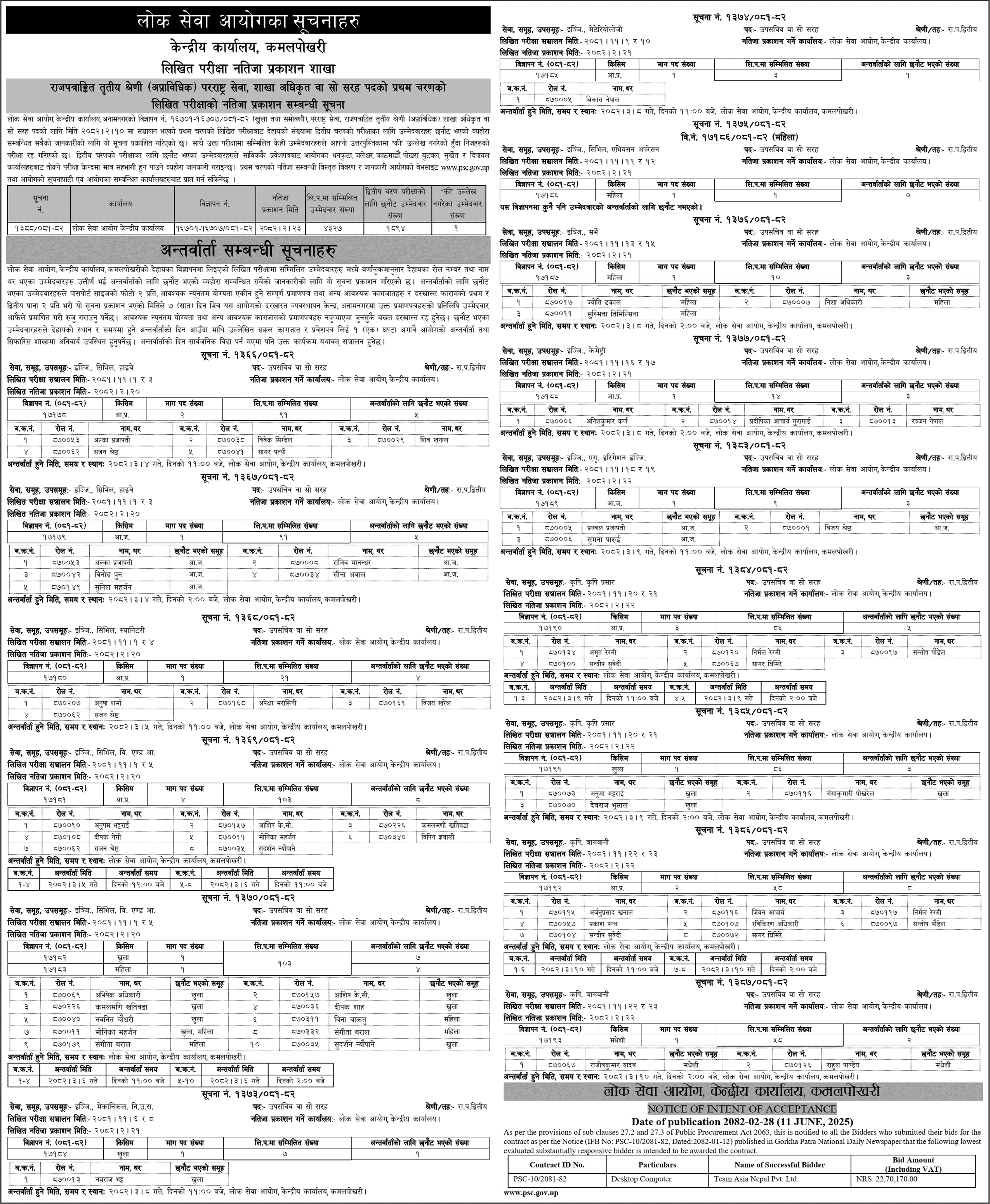 Lok Sewa Aayog (PSC) Weekly Notices 2082 Jestha 28 