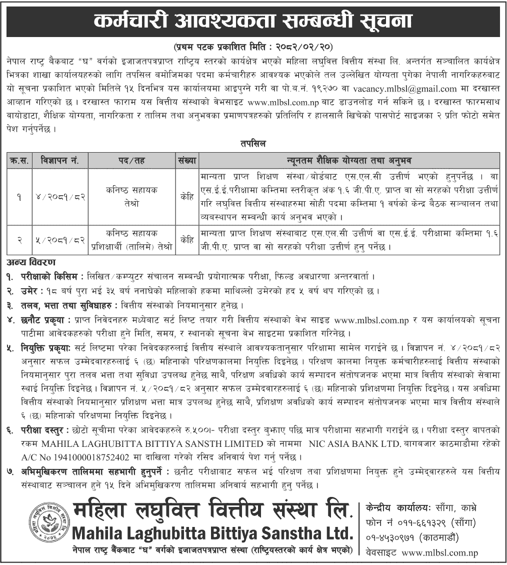 Mahila Laghubitta Bittiya Sanstha Job Vacancy Notice 2082 