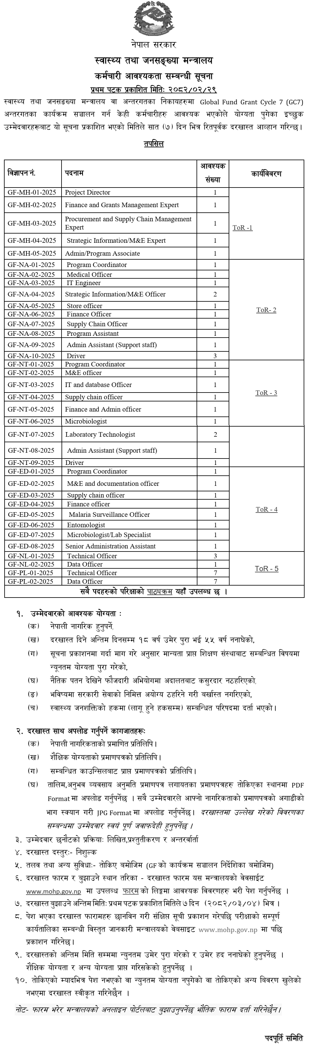Ministry of Health and Population Nepal Vacancy Notice 2082 