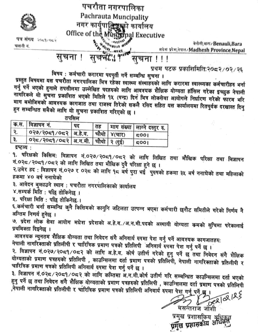 Pachrauta Municipality Vacancy for ANM and AHW 