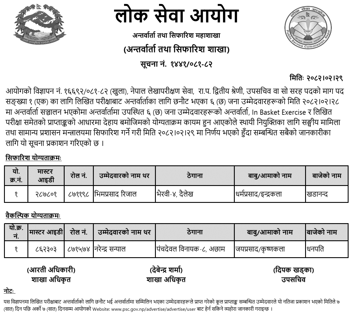 PSC Recommendation Notice for Upa Sachiv Post 2082 (Audit Service) 