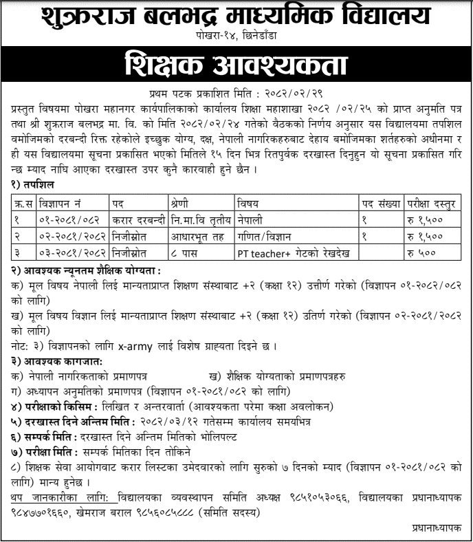 Teacher Vacancy at Shukraraj Balbhadra Secondary School Pokhara 