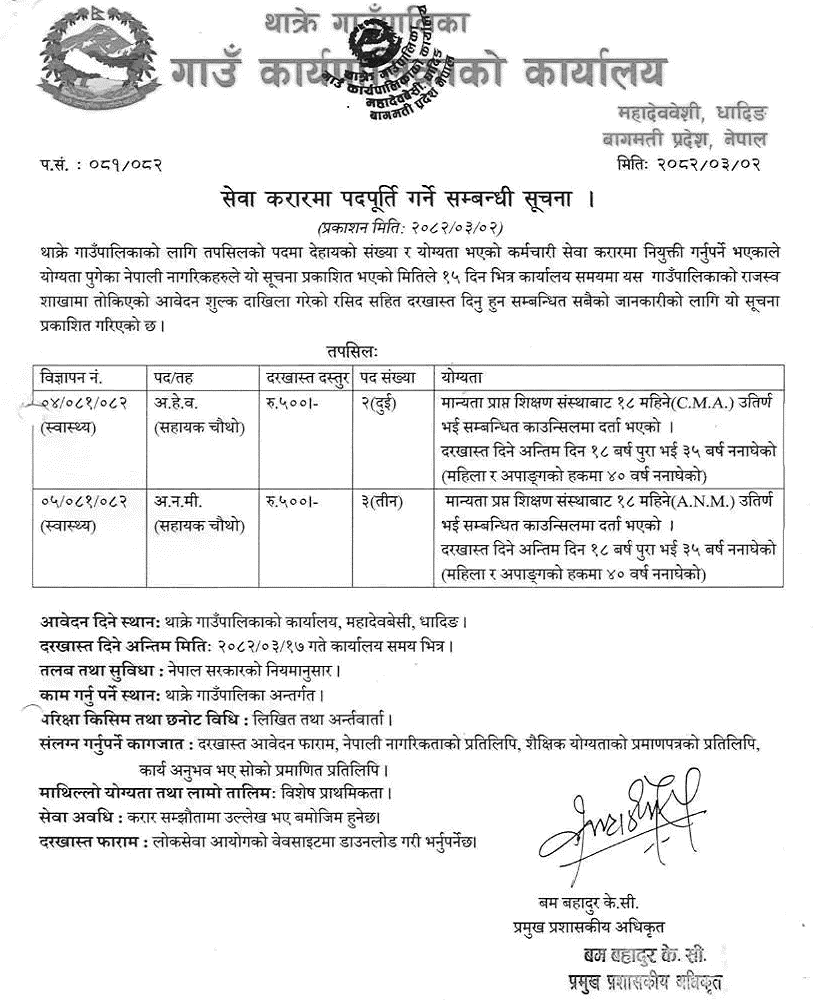 Thakre Rural Municipality Vacancy for ANM and AHW Posts 