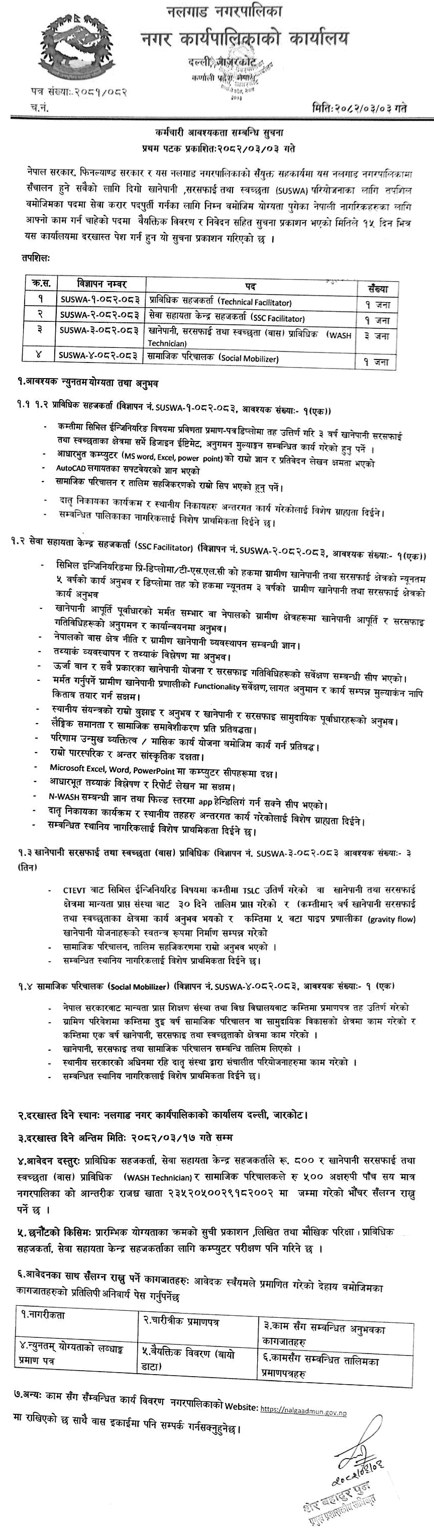 Vacancy Announcement for SUSWA Project at Nalgaad Municipality 