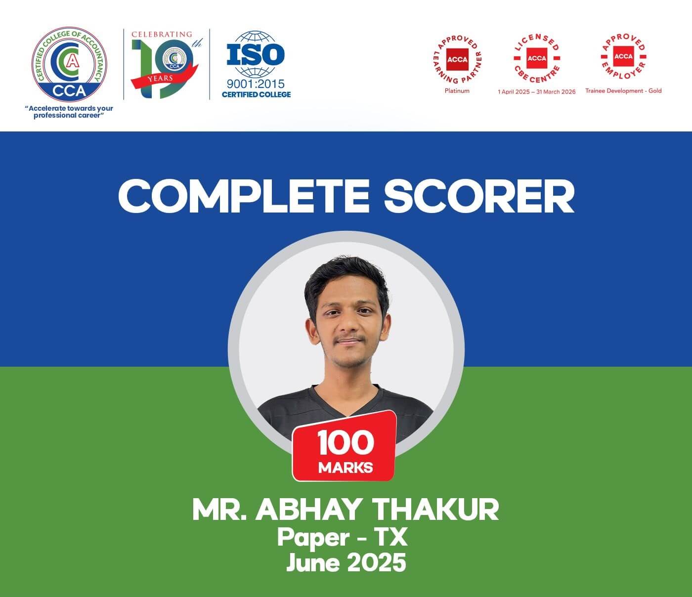 Abhay Thakur Scores Perfect 100 in ACCA Taxation Exam 