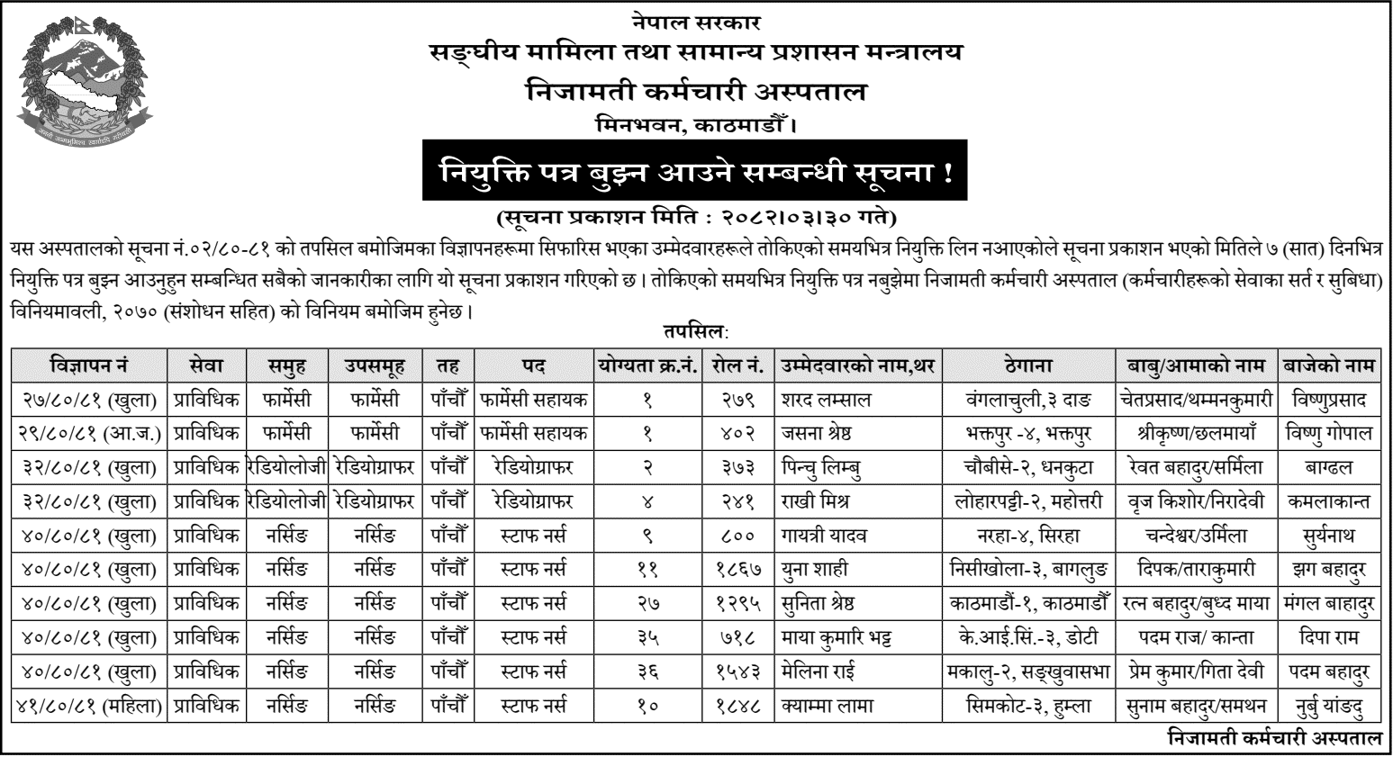 Appointment Letter Collection Notice from Nijamati Karmachari Hospital 