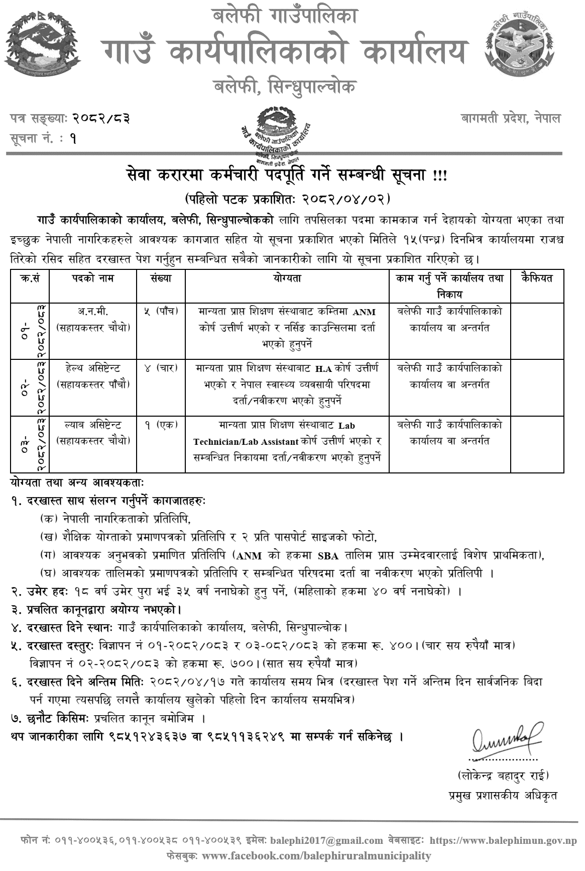 Balephi Rural Municipality Vacancy for ANM, HA, Lab Assistant 