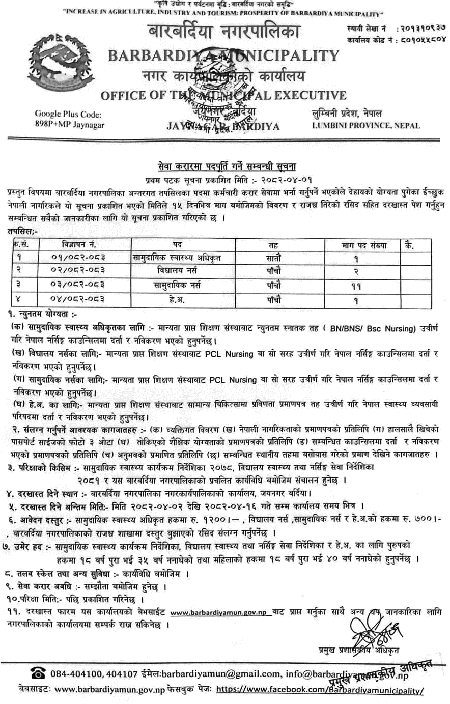 Barbardiya Municipality Vacancy for CHO, Nurse and HA 