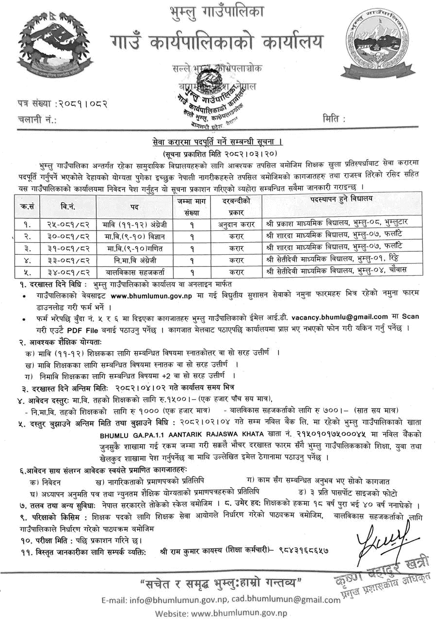 Bhumlu Rural Municipality Teacher Contract Recruitment Notice 