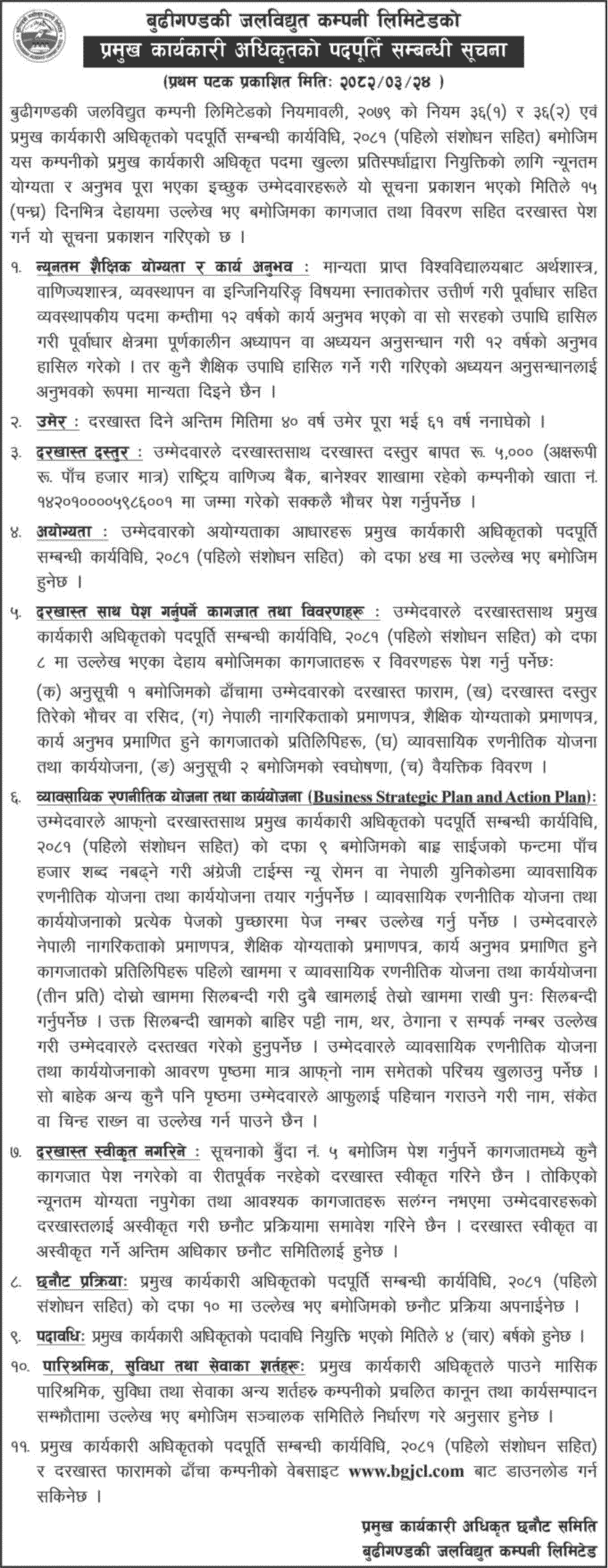 CEO Vacancy at Budhigandaki Hydroelectric Company Ltd 