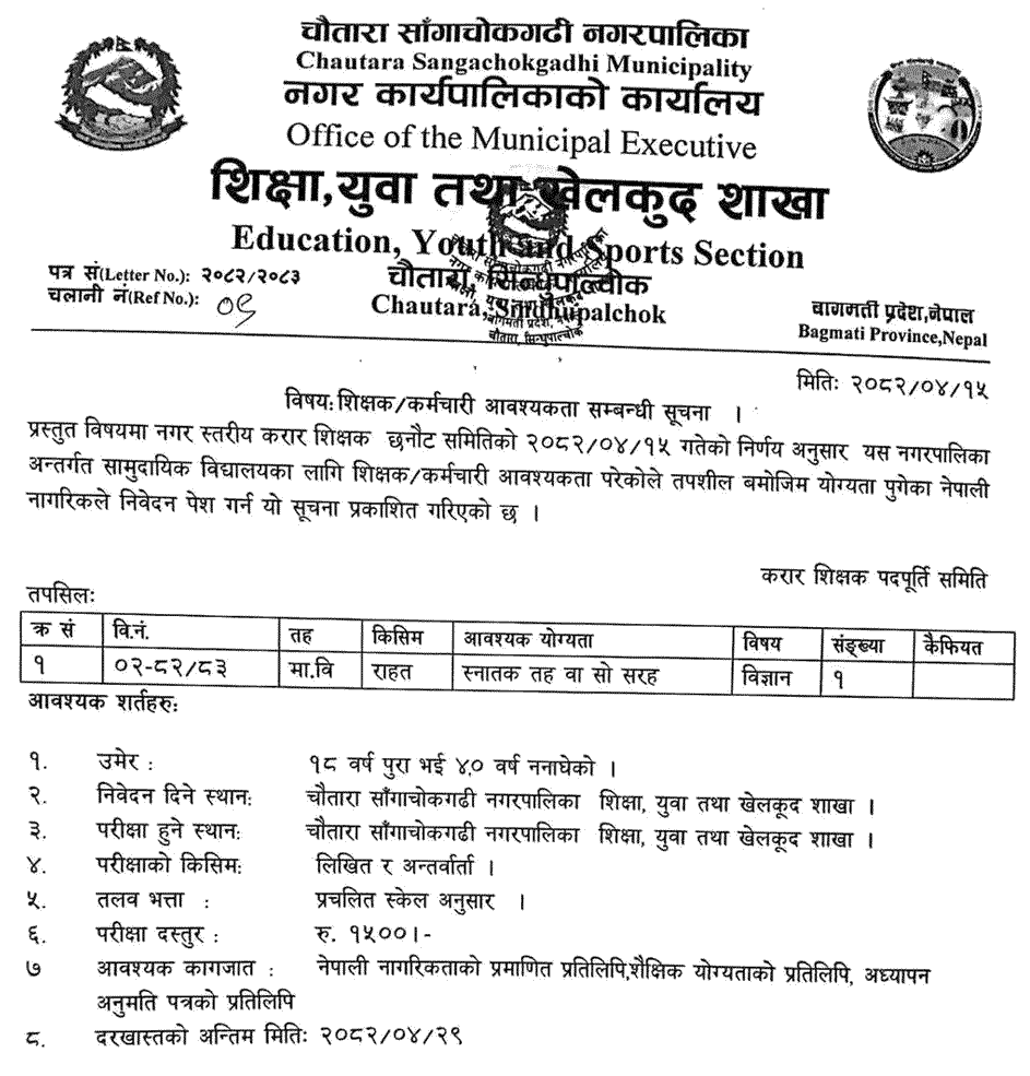 Chautara Sangachokgadhi Vacancy for Secondary Level Teacher 