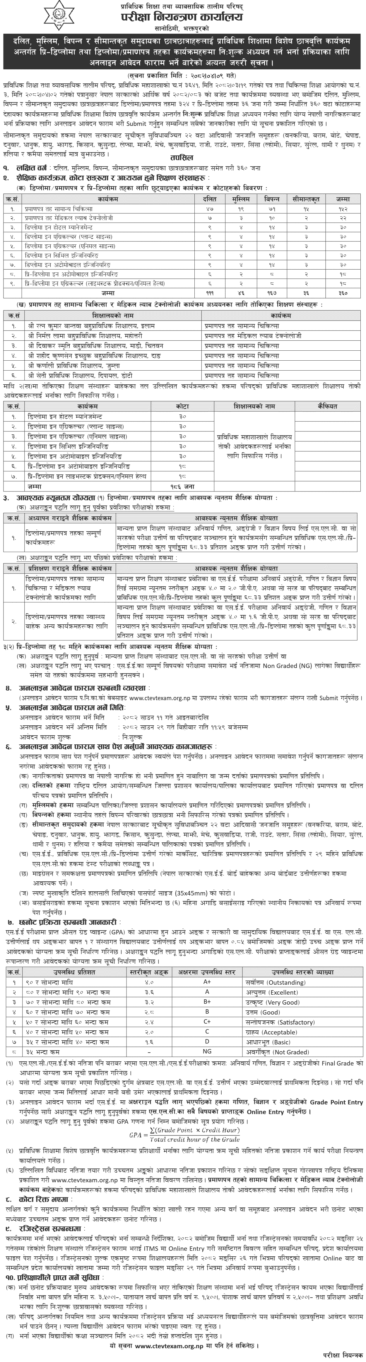 CTEVT Special Scholarship 2082 Diploma and Pre-Diploma Programs 