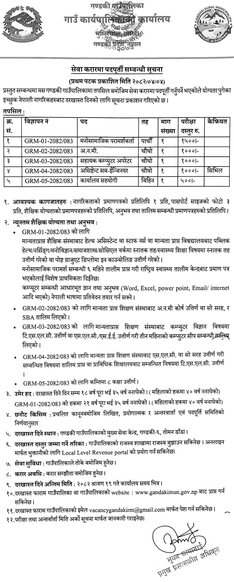 Gandaki Gaupalika Gorkha Vacancy for Various Positions 2082 