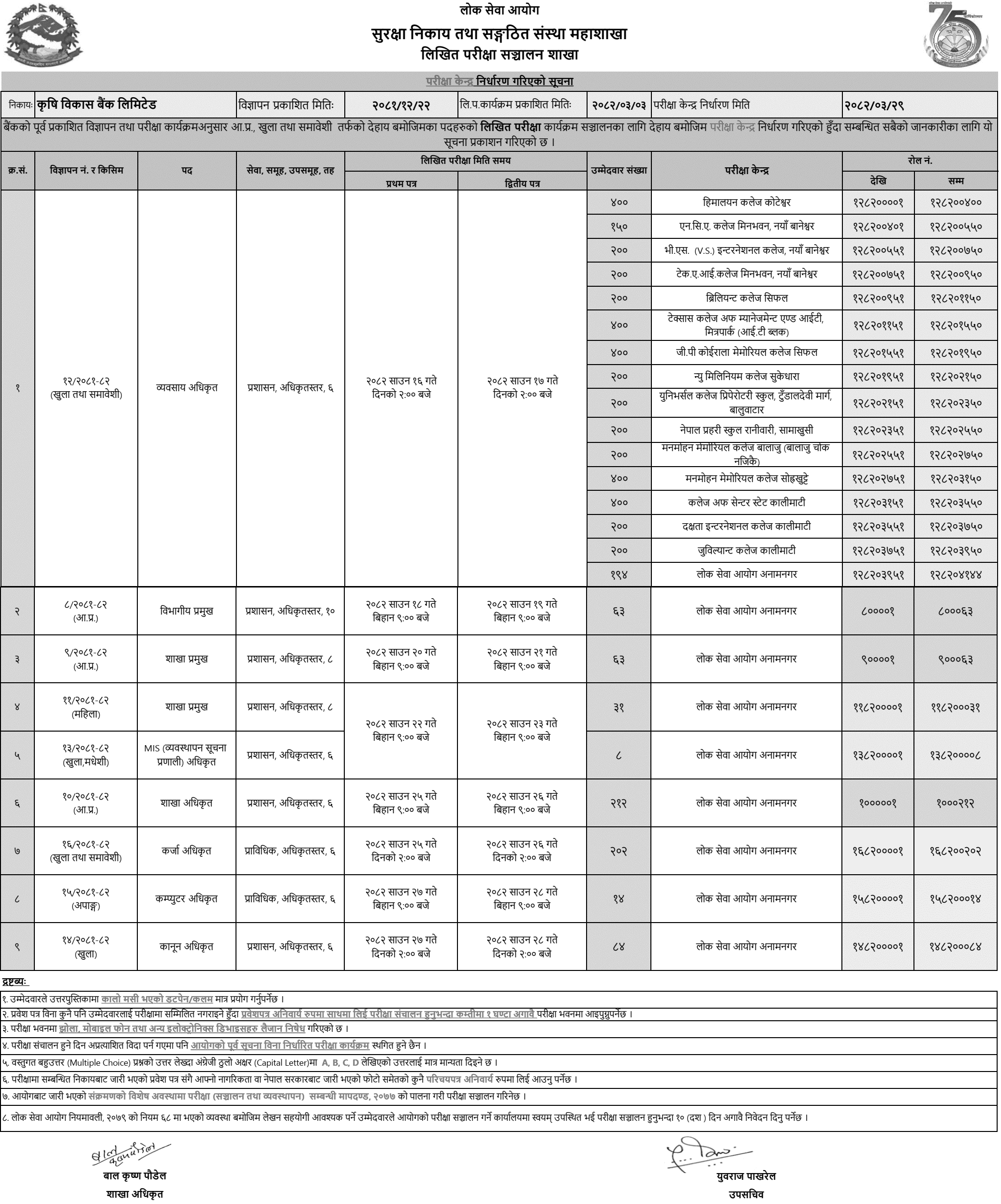 Krishi Bikas Bank Exam Centers and Schedule Notice 2082 