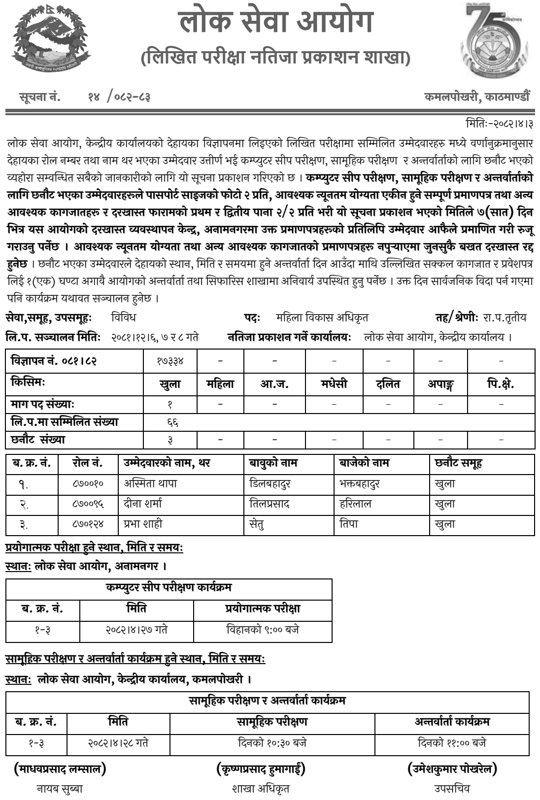 Lok Sewa Aayog Women Development Officer Written Exam 2082 