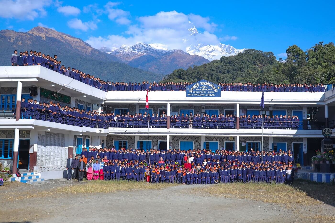 Machhapuchhre Secondary School, Bhurjung Khola, Kaski, Building and Students 