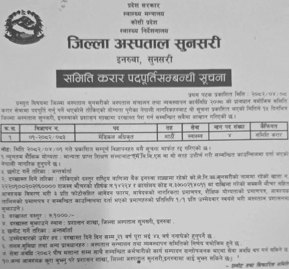 Medical Officer Contract Vacancy at Sunsari District Hospital 