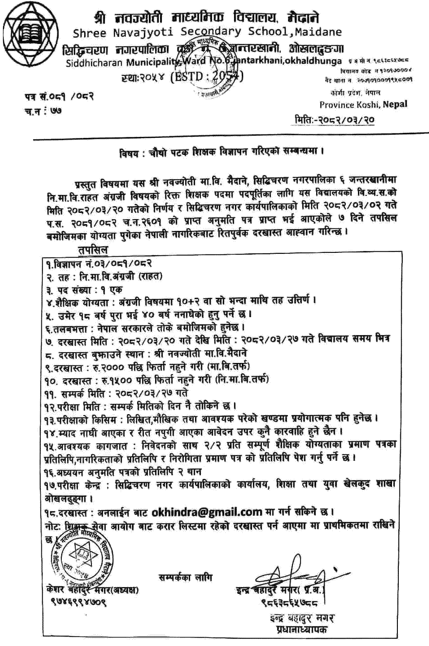 Navajyoti Secondary School Okhaldhunga English Teacher Vacancy 