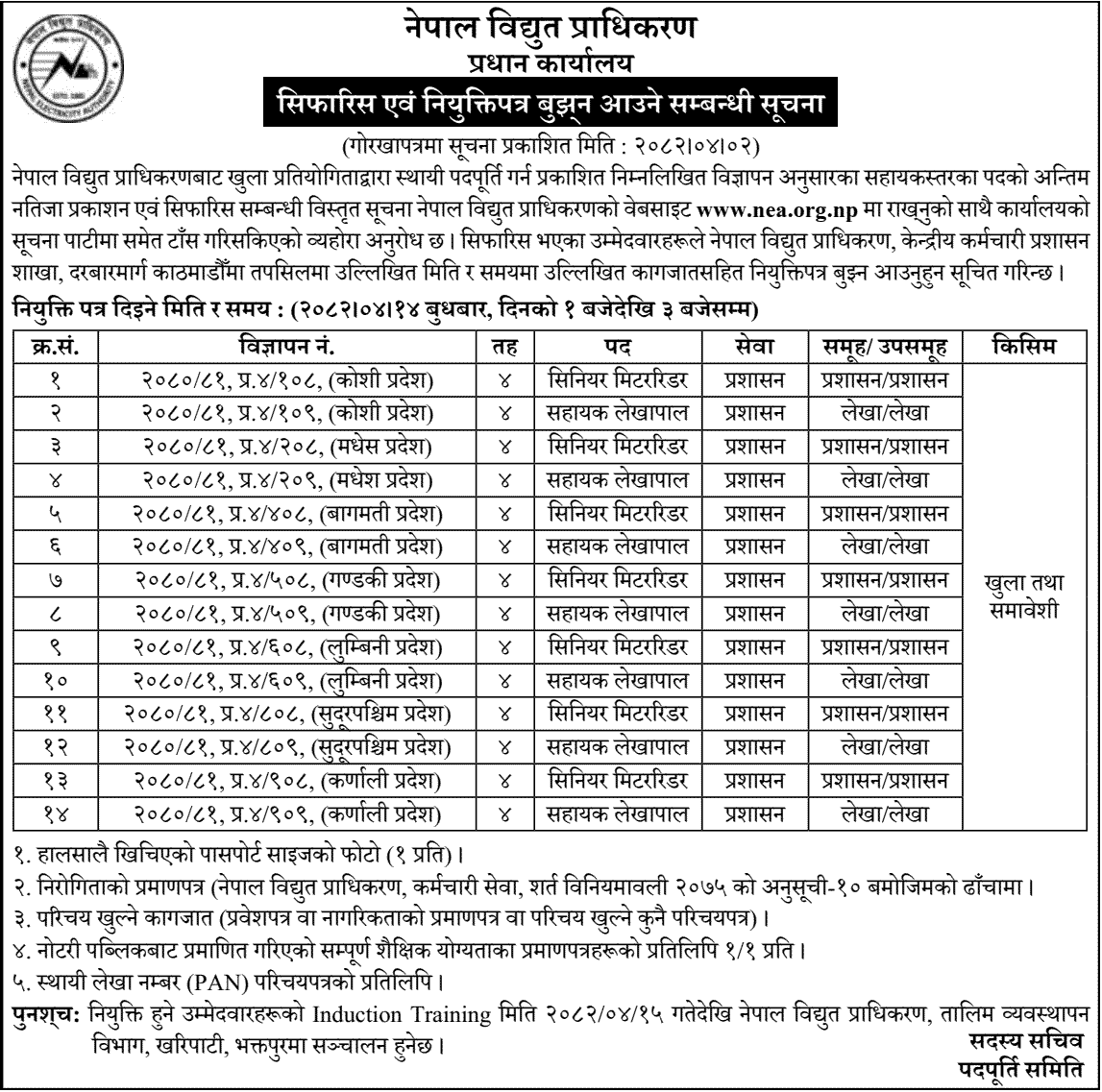 NEA 4th Level Assistant Final Results and Appointment 2082 