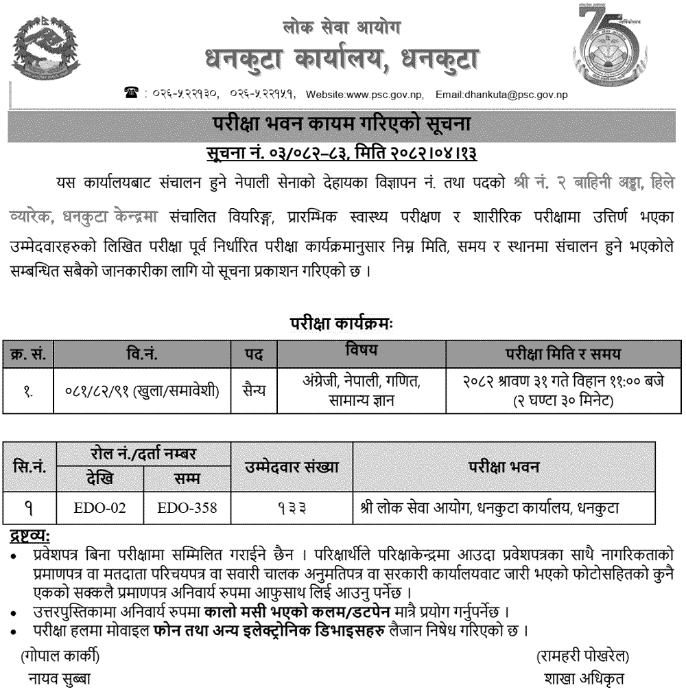 Nepal Army Sainya Post Written Exam Centers Dhankuta 2082 