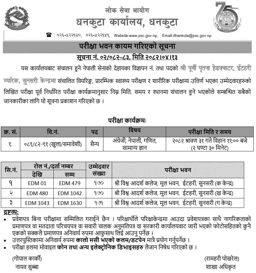 Nepal Army Sainya Post Written Exam Centers Itahari 2082 