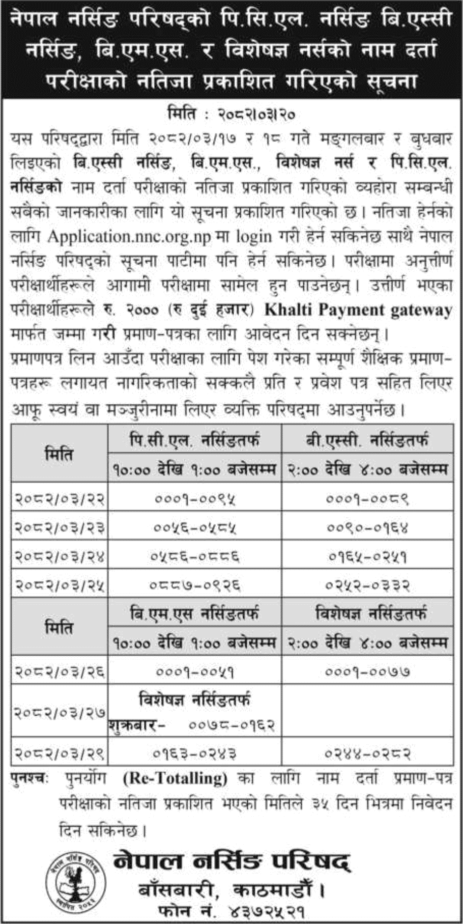 Nepal Nursing Council Registration Exam Result 2082 