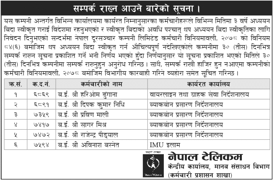 Nepal Telecom Notice to Contact Within 30 Days 