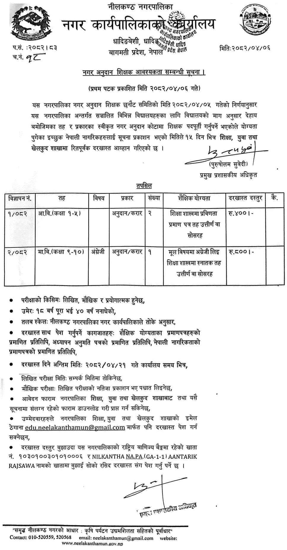 Nilkantha Municipality Teacher Vacancy Notice 2082 