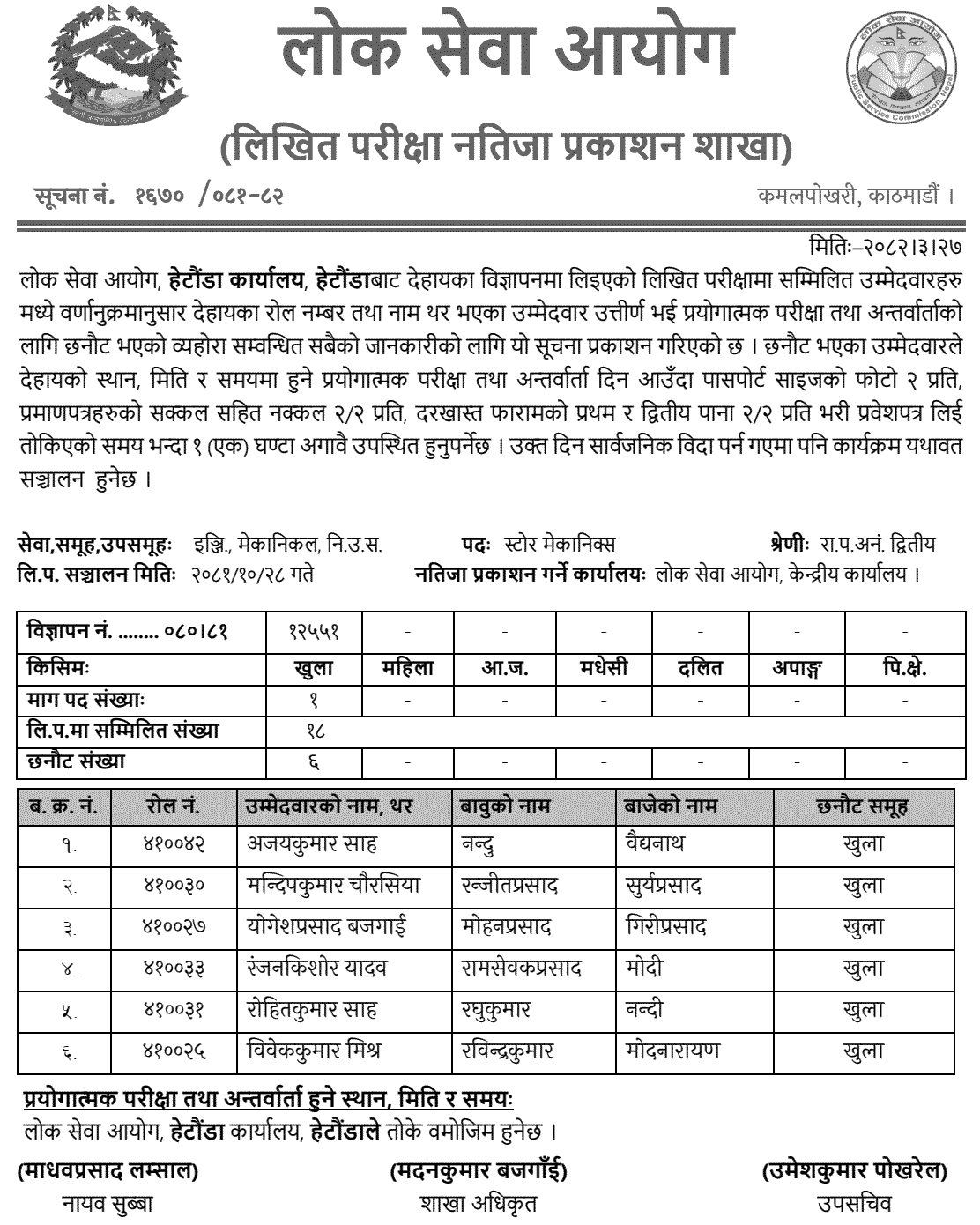 PSC Hetauda Store Mechanics Written Exam Result 2081 