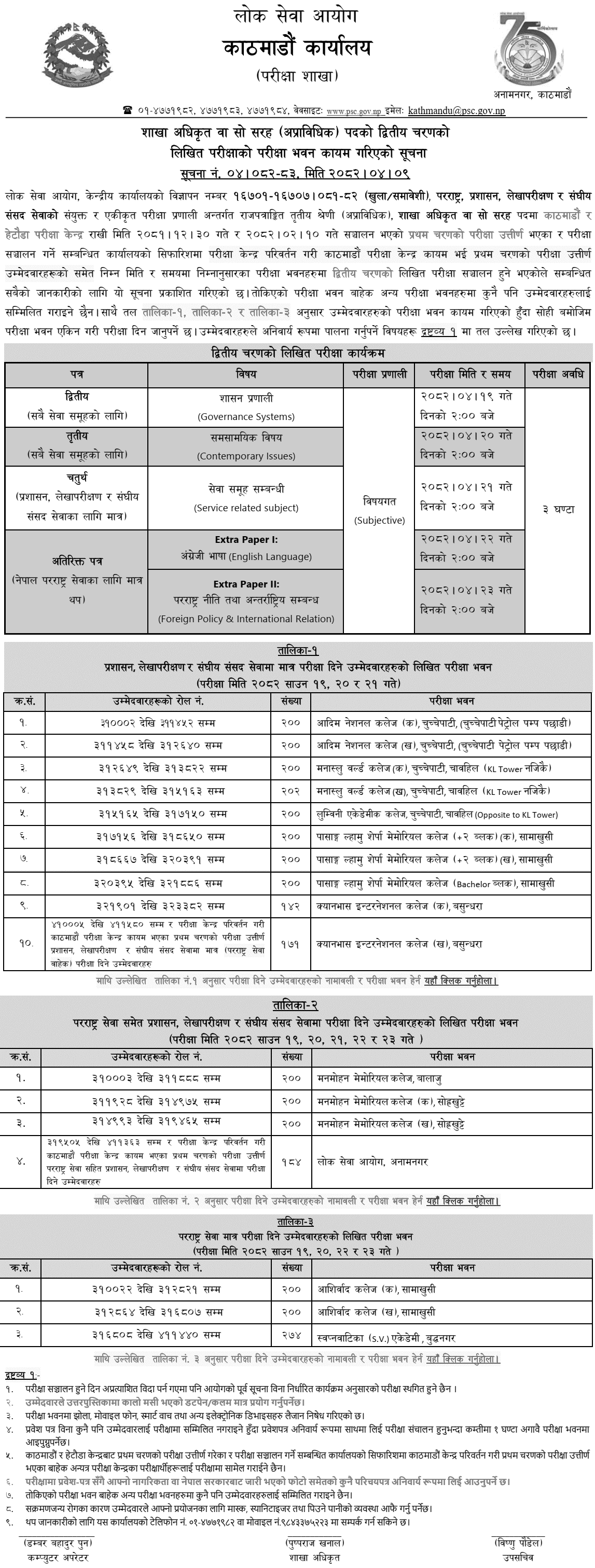 PSC Second Phase Exam Centers Kathmandu for Section Officer 