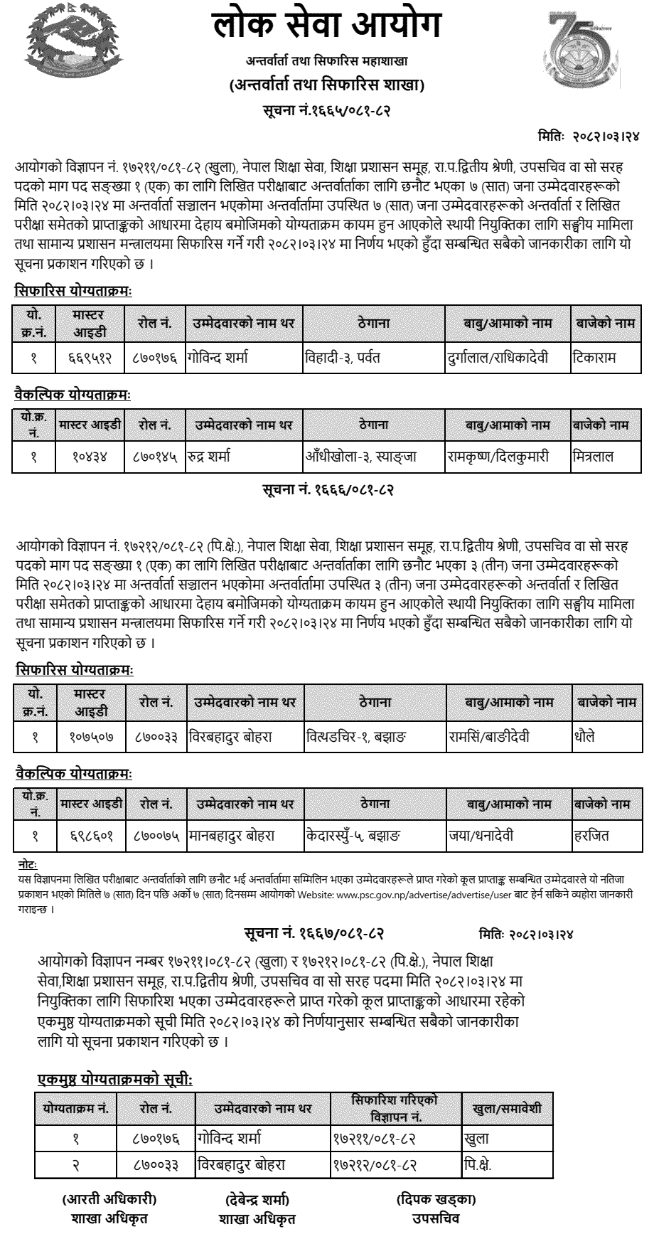 PSC Upa Sachiv Final Result Education Administration Group 