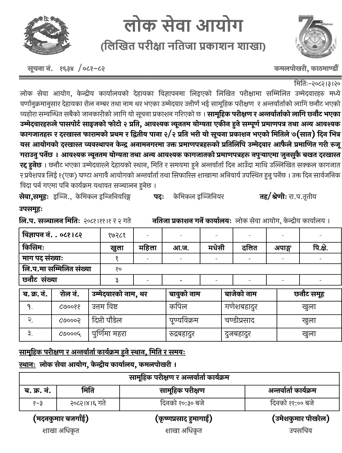PSC Written Result of Chemical Engineer Post 2081 