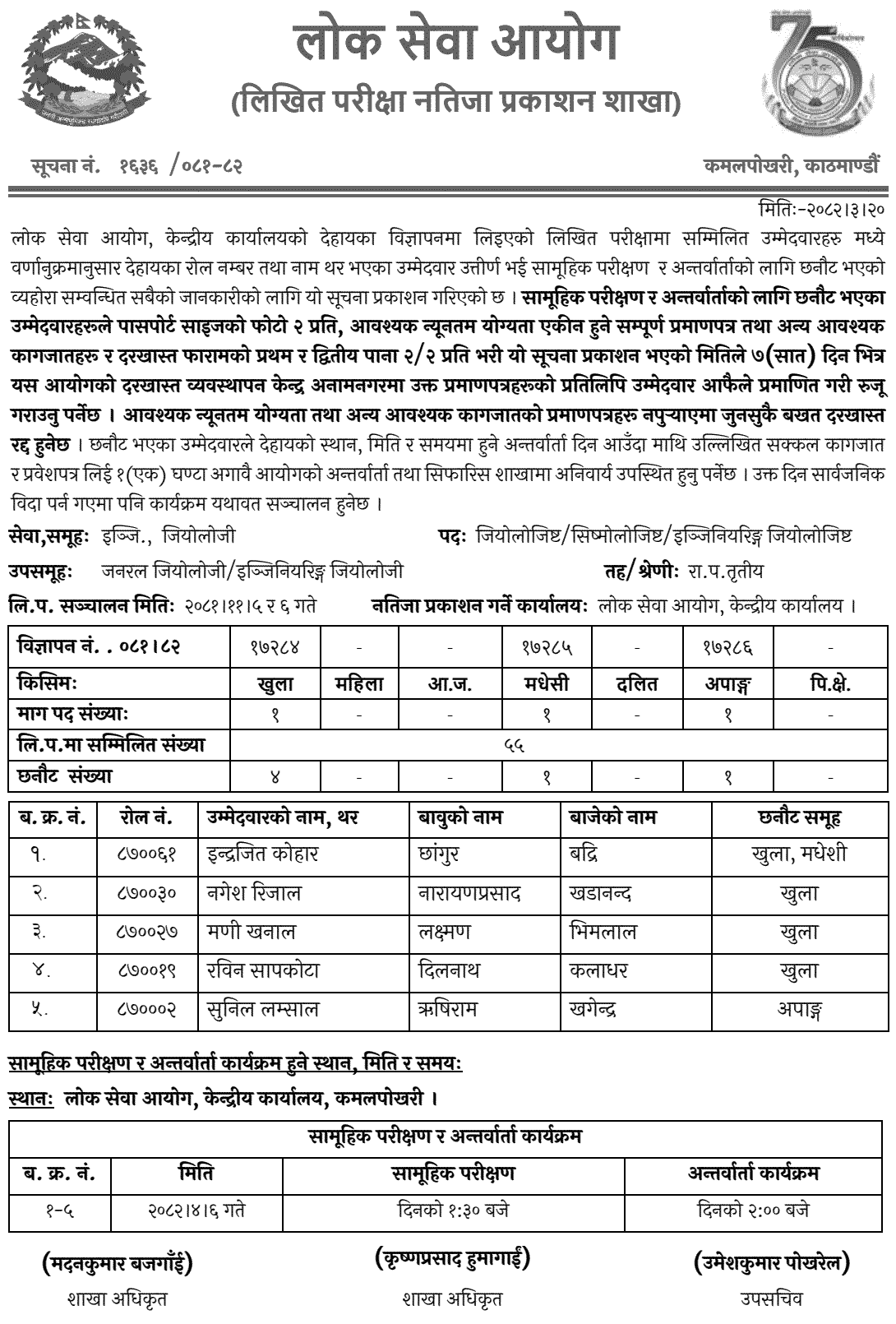 PSC Written Result of Geologist and Seismologist Posts 2081 