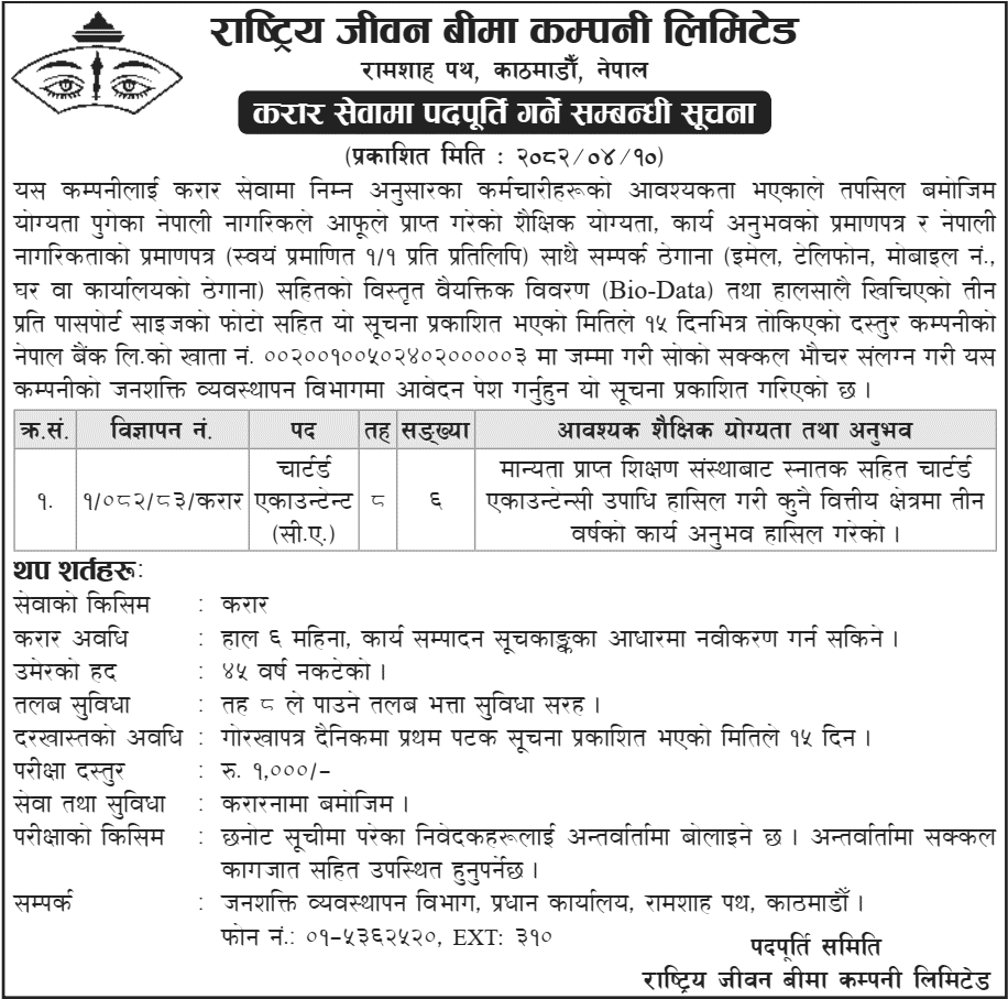 Rastriya Jeevan Beema Company Vacancy for CA 
