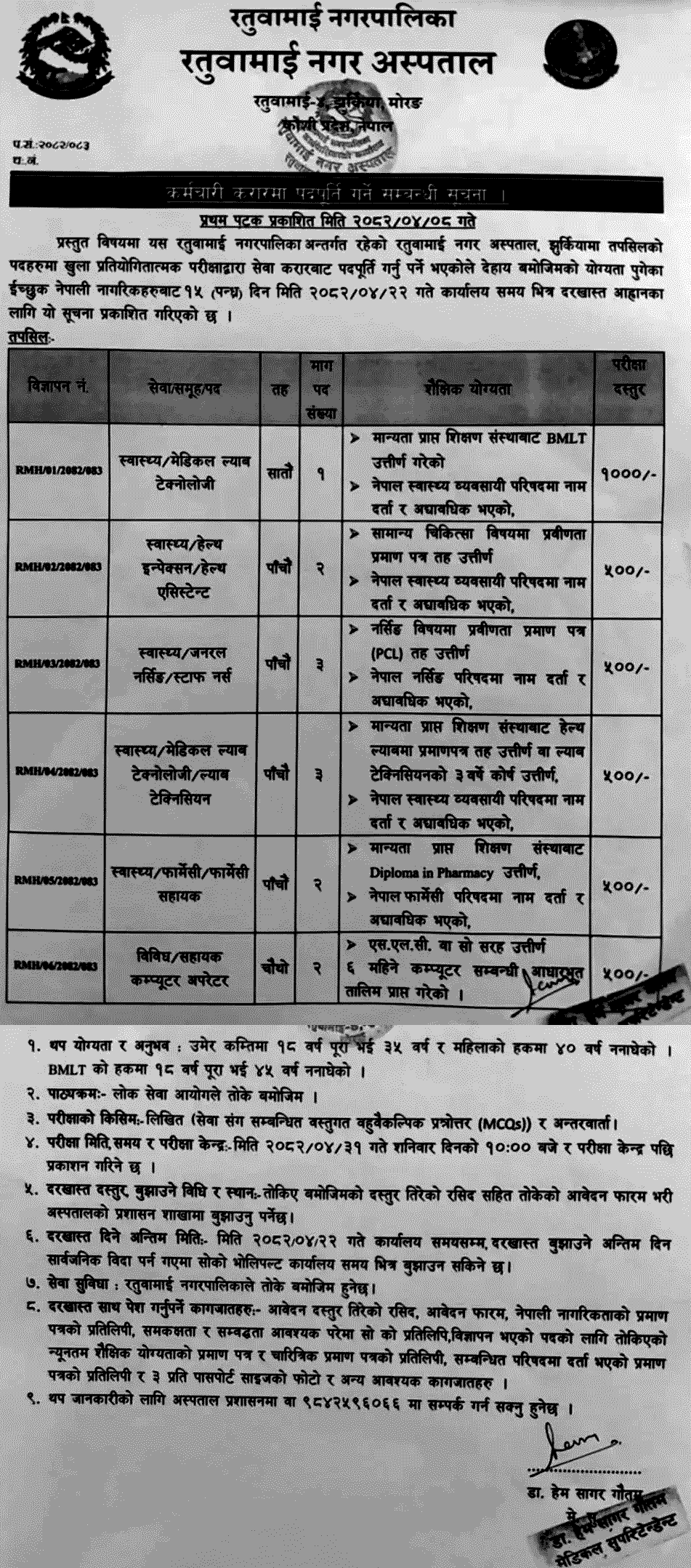 Ratuwamai Hospital Contract Staff Vacancy Notice 2082 